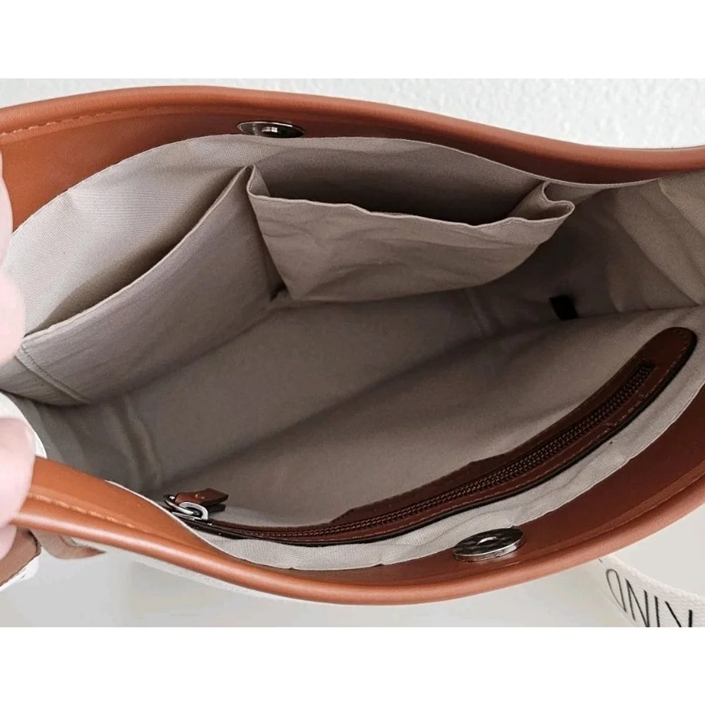 RAE DUNN BE KIND Shoulder Strap Satchel Tan Canvas Brown Leather - Very Clean - Picture 10 of 13